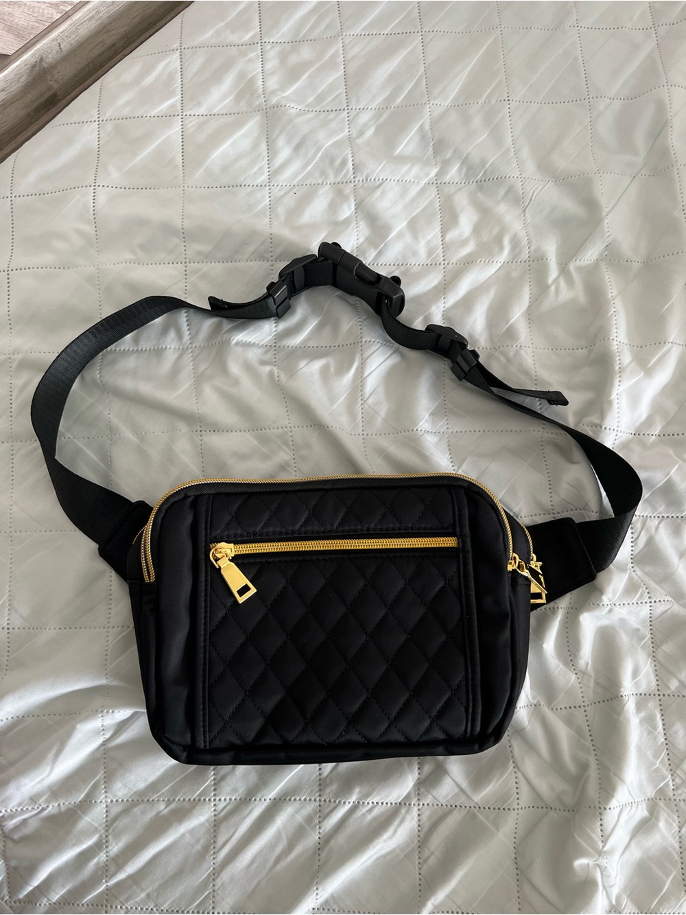Quilted Black Crossbody Waist Bag with Gold Hardware